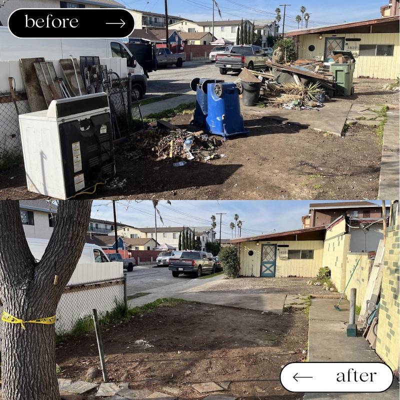 Before and after of a Los Angeles County front yard: a dumped washer and dryer, overflowing bins, cut palm fronds and scattered trash, then the same yard raked flat and completely clear