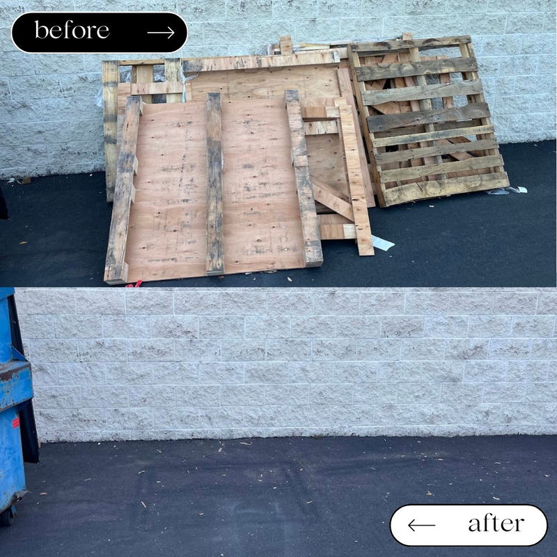Before and after of a Los Angeles County loading bay: a stack of broken timber pallets heaped against the block wall, then the same wall with the asphalt completely clear