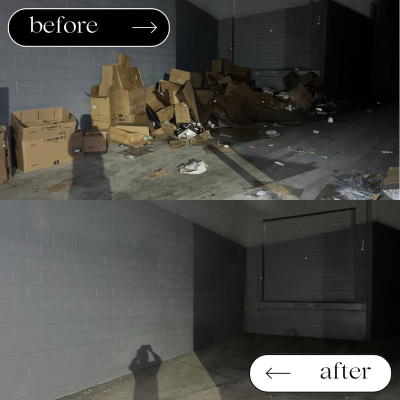 Before and after of a Los Angeles County commercial unit: the floor buried in collapsed cardboard cartons and loose litter, then the same unit completely empty with the roller door clear and the concrete swept