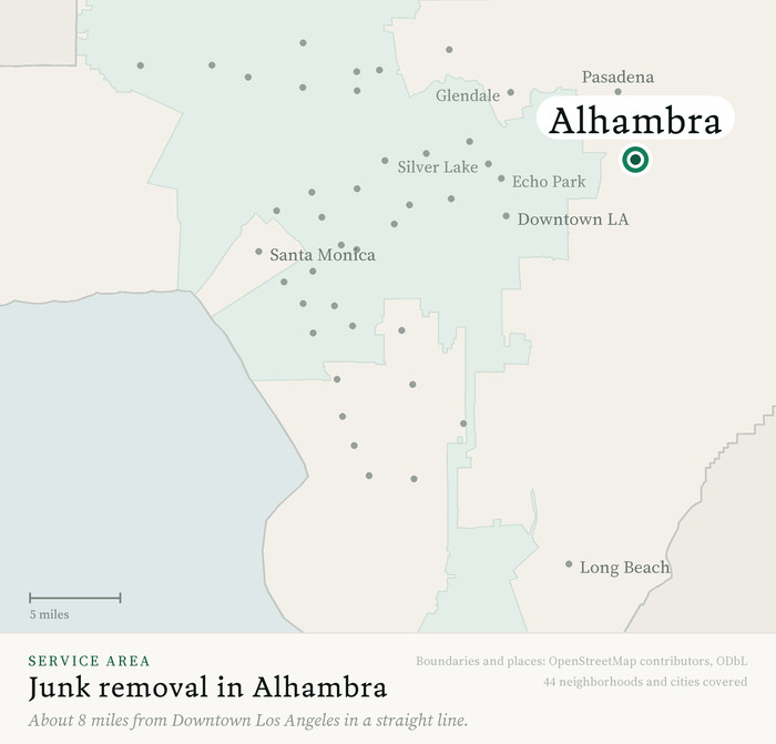 Map of our greater Los Angeles junk removal service area with Alhambra marked, about 8 miles from Downtown Los Angeles, drawn from OpenStreetMap boundary data