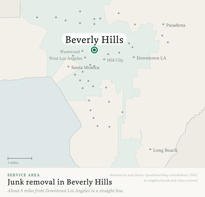 Map of our greater Los Angeles junk removal service area with Beverly Hills marked, about 8 miles from Downtown Los Angeles, drawn from OpenStreetMap boundary data