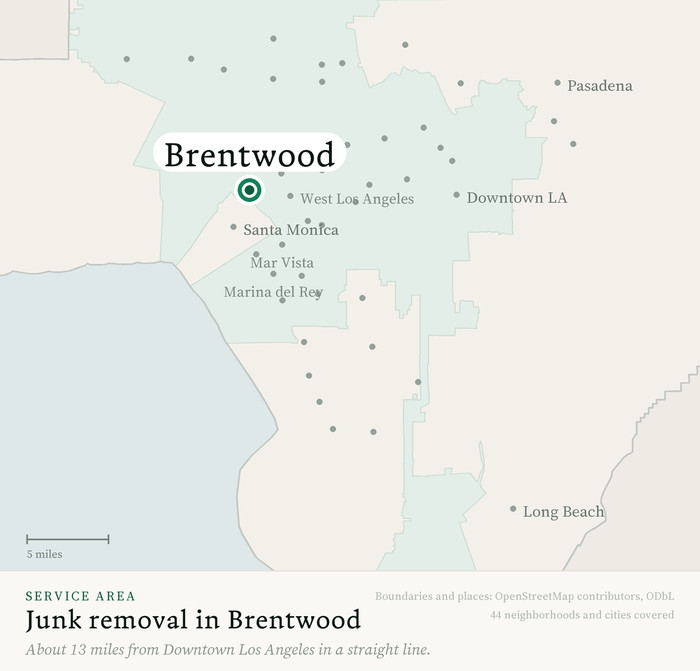 Map of our greater Los Angeles junk removal service area with Brentwood marked, about 13 miles from Downtown Los Angeles, drawn from OpenStreetMap boundary data