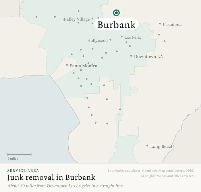 Map of our greater Los Angeles junk removal service area with Burbank marked, about 10 miles from Downtown Los Angeles, drawn from OpenStreetMap boundary data