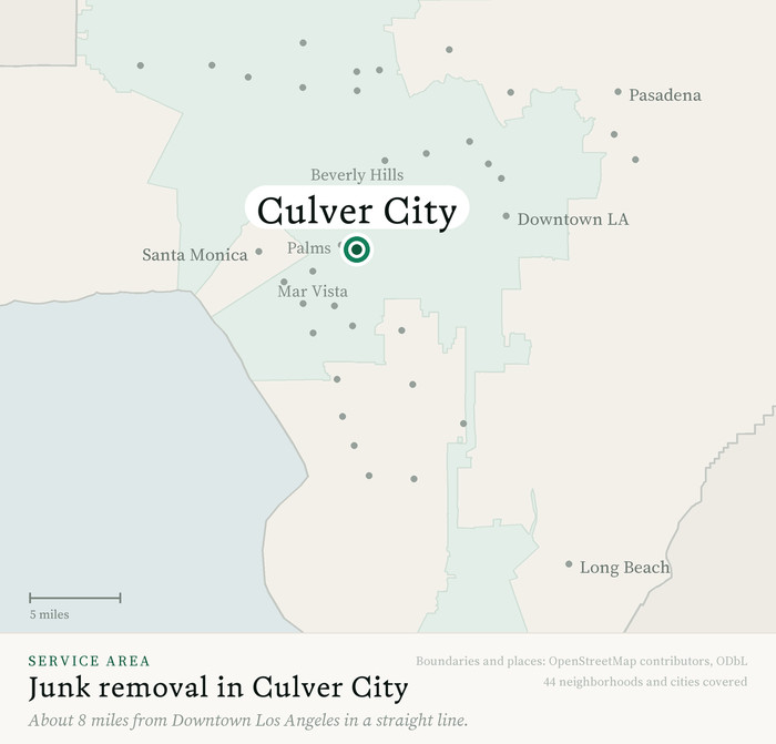 Map of our greater Los Angeles junk removal service area with Culver City marked, about 8 miles from Downtown Los Angeles, drawn from OpenStreetMap boundary data