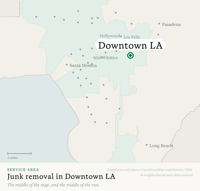 Map of our greater Los Angeles junk removal service area with Downtown LA marked, in the middle of the map, drawn from OpenStreetMap boundary data