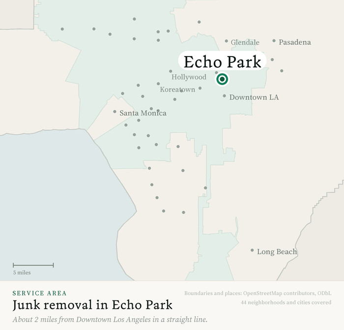 Map of our greater Los Angeles junk removal service area with Echo Park marked, about 2 miles from Downtown Los Angeles, drawn from OpenStreetMap boundary data