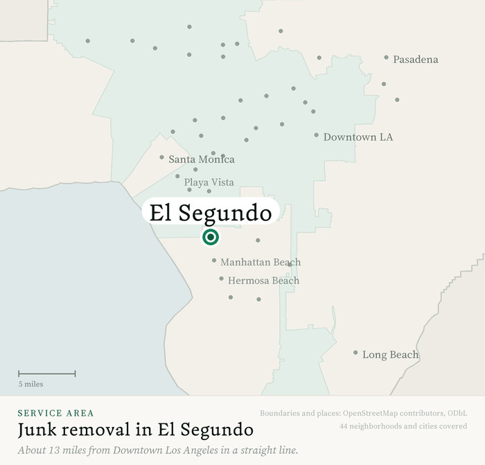 Map of our greater Los Angeles junk removal service area with El Segundo marked, about 13 miles from Downtown Los Angeles, drawn from OpenStreetMap boundary data