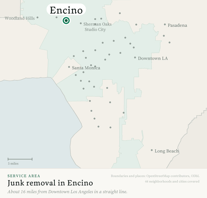 Map of our greater Los Angeles junk removal service area with Encino marked, about 16 miles from Downtown Los Angeles, drawn from OpenStreetMap boundary data