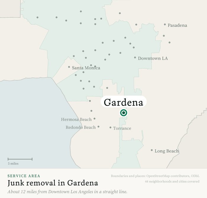 Map of our greater Los Angeles junk removal service area with Gardena marked, about 12 miles from Downtown Los Angeles, drawn from OpenStreetMap boundary data