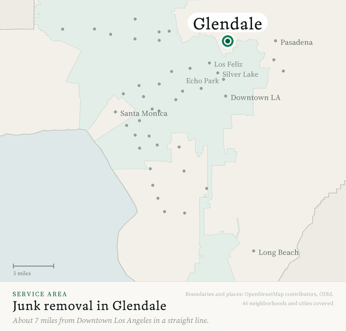 Map of our greater Los Angeles junk removal service area with Glendale marked, about 7 miles from Downtown Los Angeles, drawn from OpenStreetMap boundary data