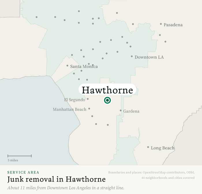 Map of our greater Los Angeles junk removal service area with Hawthorne marked, about 11 miles from Downtown Los Angeles, drawn from OpenStreetMap boundary data
