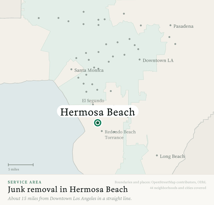 Map of our greater Los Angeles junk removal service area with Hermosa Beach marked, about 15 miles from Downtown Los Angeles, drawn from OpenStreetMap boundary data