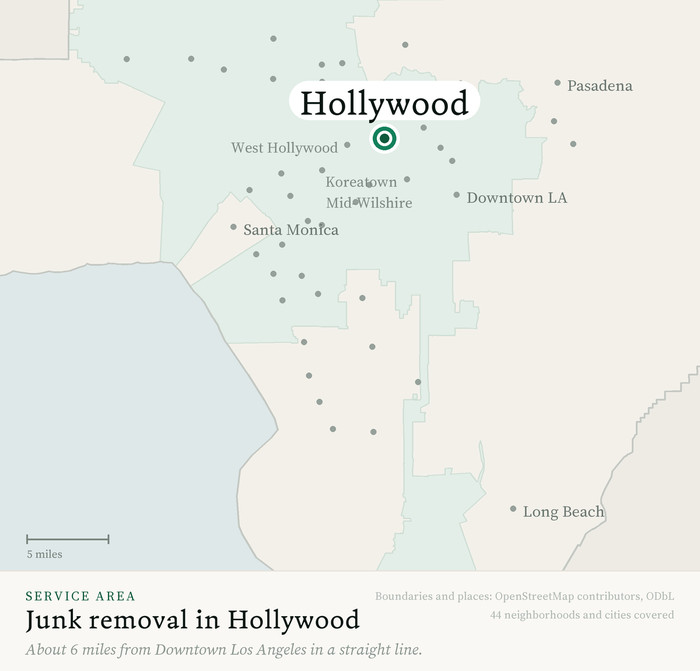 Map of our greater Los Angeles junk removal service area with Hollywood marked, about 6 miles from Downtown Los Angeles, drawn from OpenStreetMap boundary data