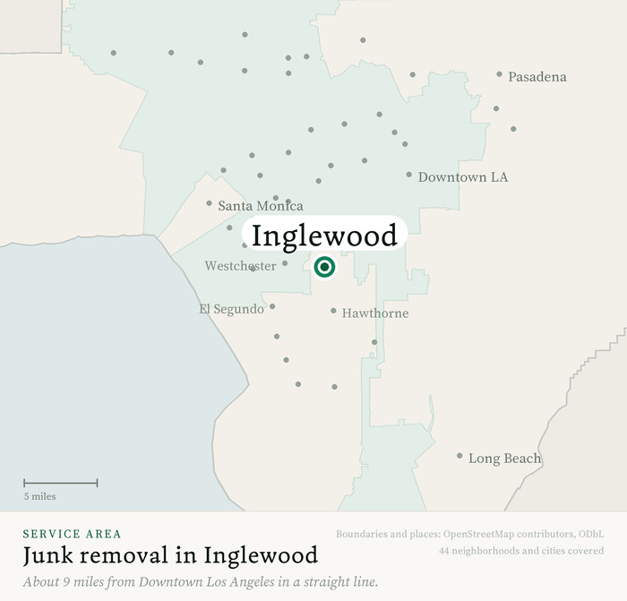 Map of our greater Los Angeles junk removal service area with Inglewood marked, about 9 miles from Downtown Los Angeles, drawn from OpenStreetMap boundary data