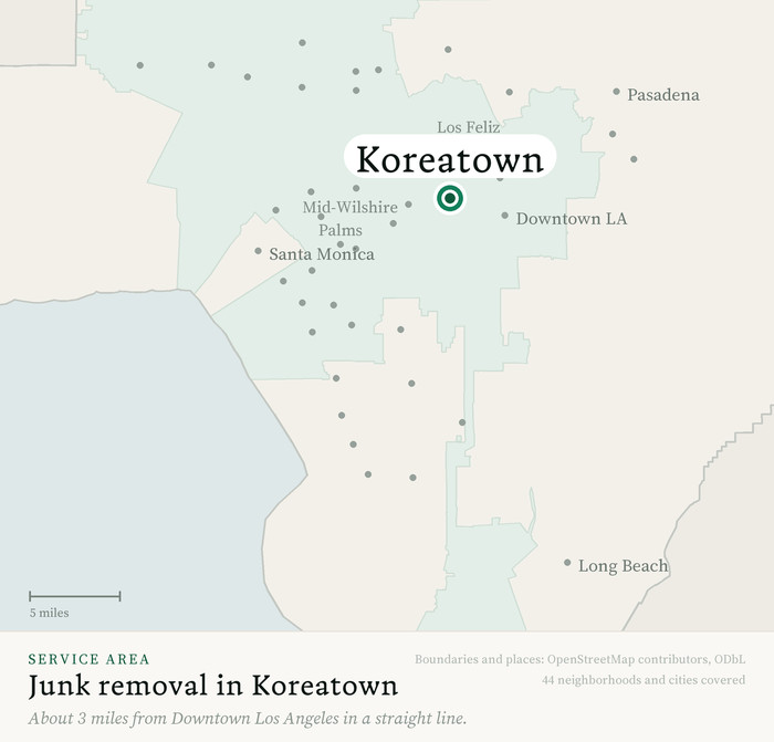 Map of our greater Los Angeles junk removal service area with Koreatown marked, about 3 miles from Downtown Los Angeles, drawn from OpenStreetMap boundary data