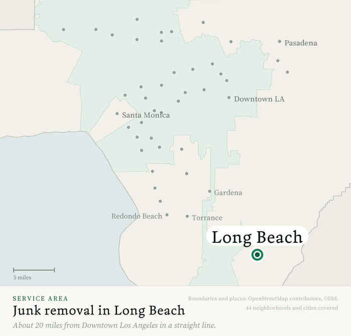 Map of our greater Los Angeles junk removal service area with Long Beach marked, about 20 miles from Downtown Los Angeles, drawn from OpenStreetMap boundary data