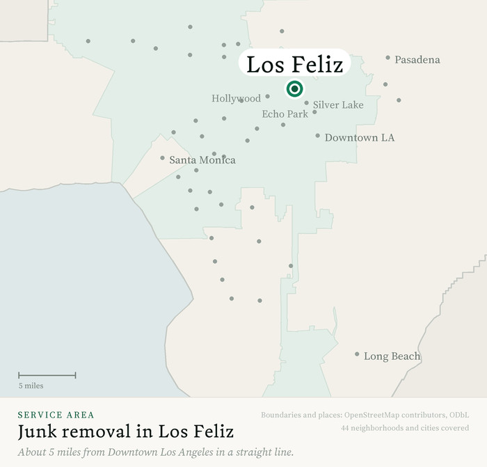 Map of our greater Los Angeles junk removal service area with Los Feliz marked, about 5 miles from Downtown Los Angeles, drawn from OpenStreetMap boundary data