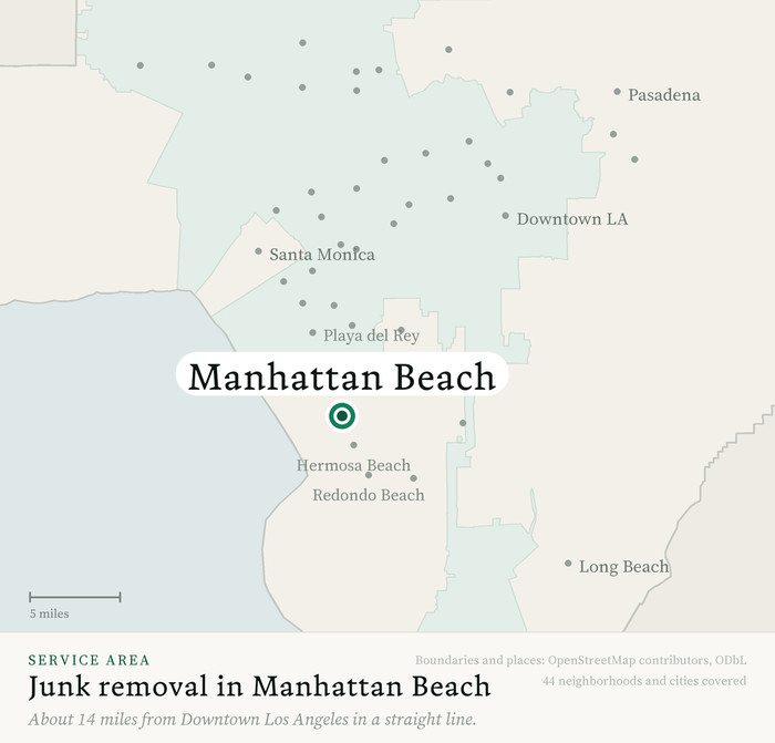 Map of our greater Los Angeles junk removal service area with Manhattan Beach marked, about 14 miles from Downtown Los Angeles, drawn from OpenStreetMap boundary data