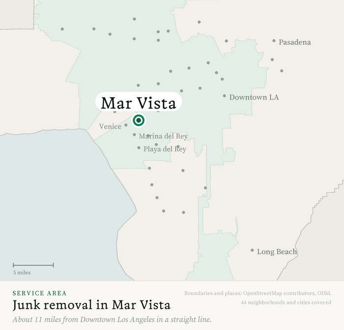 Map of our greater Los Angeles junk removal service area with Mar Vista marked, about 11 miles from Downtown Los Angeles, drawn from OpenStreetMap boundary data