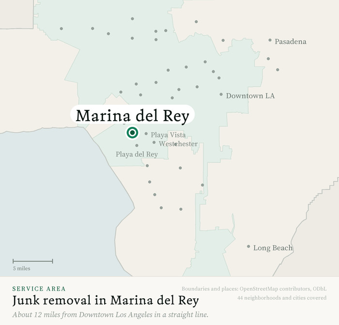 Map of our greater Los Angeles junk removal service area with Marina del Rey marked, about 12 miles from Downtown Los Angeles, drawn from OpenStreetMap boundary data
