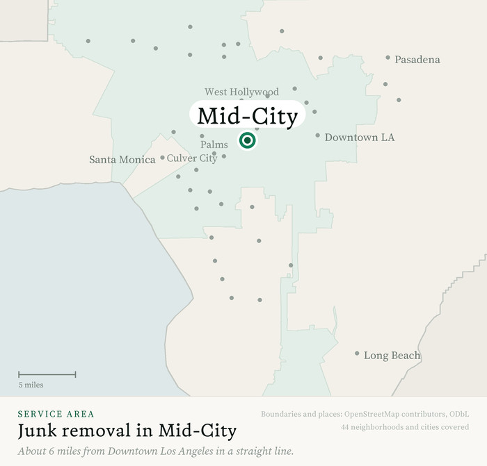 Map of our greater Los Angeles junk removal service area with Mid-City marked, about 6 miles from Downtown Los Angeles, drawn from OpenStreetMap boundary data