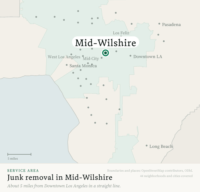 Map of our greater Los Angeles junk removal service area with Mid-Wilshire marked, about 5 miles from Downtown Los Angeles, drawn from OpenStreetMap boundary data