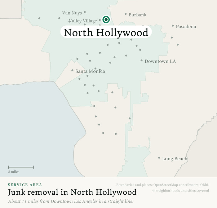 Map of our greater Los Angeles junk removal service area with North Hollywood marked, about 11 miles from Downtown Los Angeles, drawn from OpenStreetMap boundary data