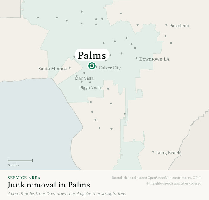 Map of our greater Los Angeles junk removal service area with Palms marked, about 9 miles from Downtown Los Angeles, drawn from OpenStreetMap boundary data