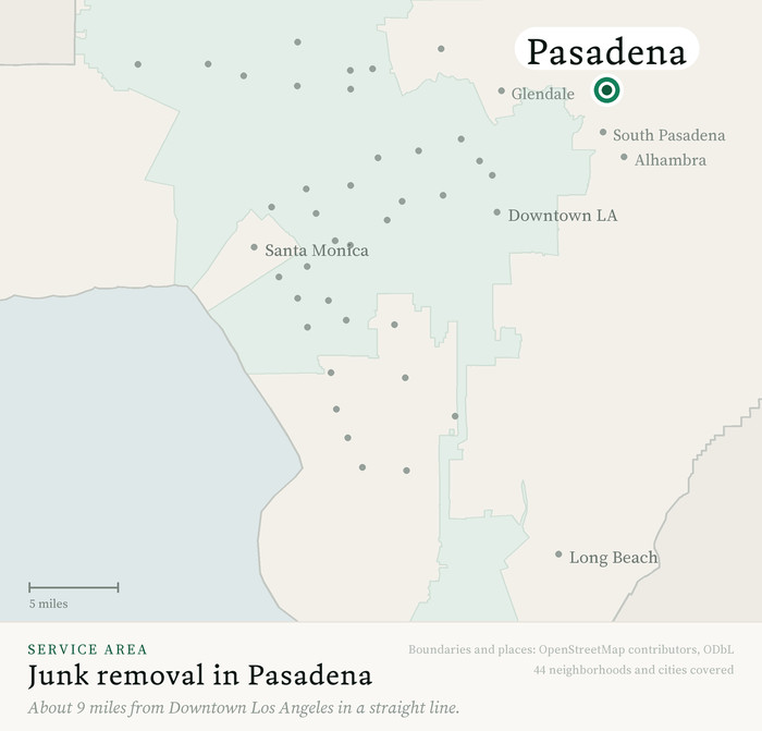 Map of our greater Los Angeles junk removal service area with Pasadena marked, about 9 miles from Downtown Los Angeles, drawn from OpenStreetMap boundary data