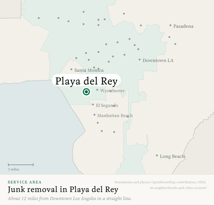 Map of our greater Los Angeles junk removal service area with Playa del Rey marked, about 12 miles from Downtown Los Angeles, drawn from OpenStreetMap boundary data
