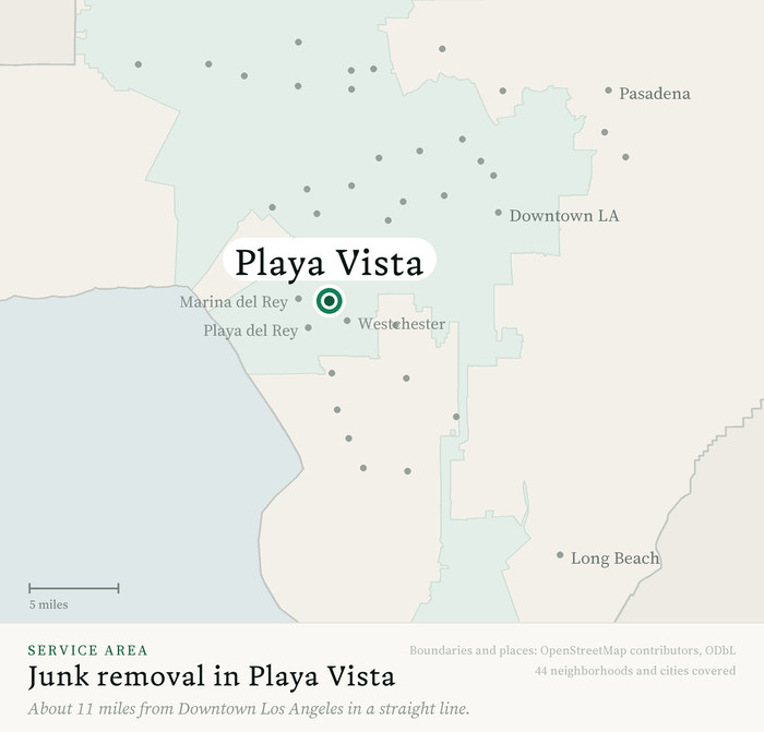 Map of our greater Los Angeles junk removal service area with Playa Vista marked, about 11 miles from Downtown Los Angeles, drawn from OpenStreetMap boundary data