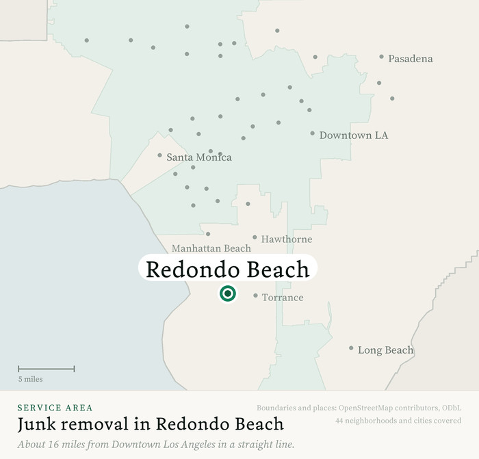 Map of our greater Los Angeles junk removal service area with Redondo Beach marked, about 16 miles from Downtown Los Angeles, drawn from OpenStreetMap boundary data
