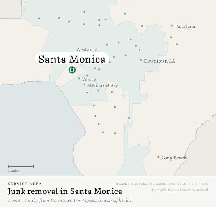 Map of our greater Los Angeles junk removal service area with Santa Monica marked, about 14 miles from Downtown Los Angeles, drawn from OpenStreetMap boundary data