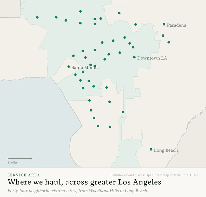 Map of the greater Los Angeles junk removal service area, with all 44 neighborhoods and cities we haul in marked, drawn from OpenStreetMap boundary data