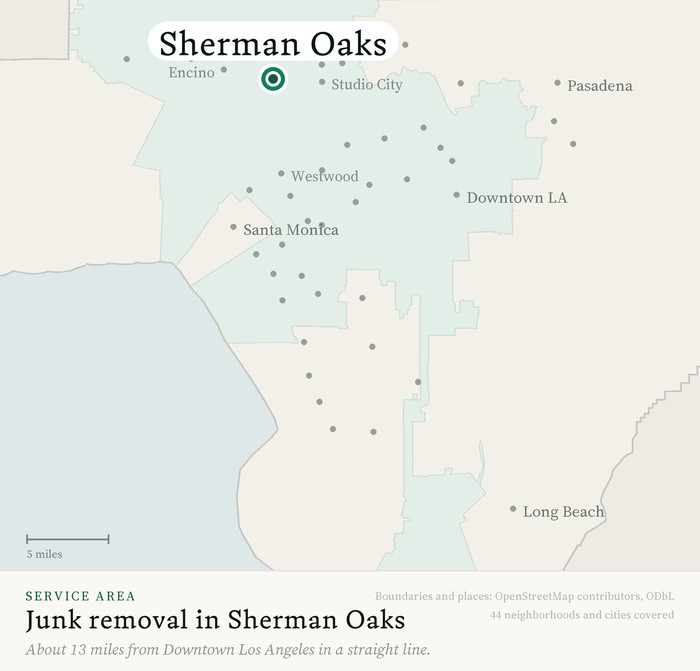 Map of our greater Los Angeles junk removal service area with Sherman Oaks marked, about 13 miles from Downtown Los Angeles, drawn from OpenStreetMap boundary data