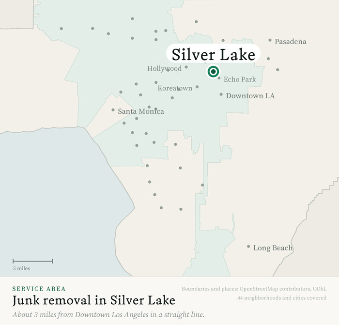 Map of our greater Los Angeles junk removal service area with Silver Lake marked, about 3 miles from Downtown Los Angeles, drawn from OpenStreetMap boundary data