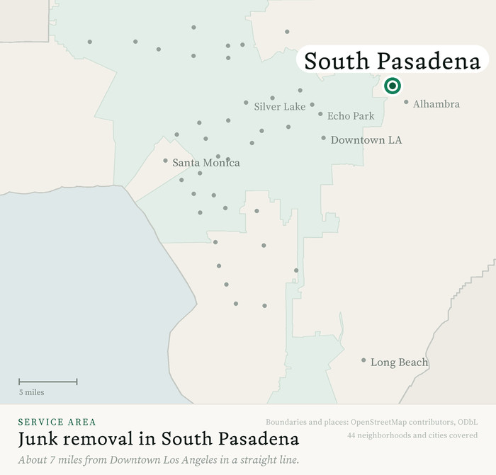 Map of our greater Los Angeles junk removal service area with South Pasadena marked, about 7 miles from Downtown Los Angeles, drawn from OpenStreetMap boundary data