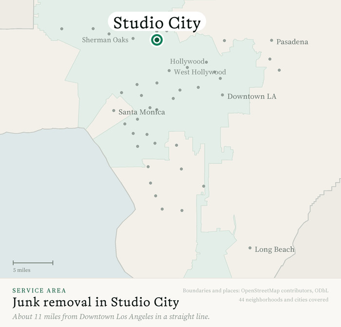 Map of our greater Los Angeles junk removal service area with Studio City marked, about 11 miles from Downtown Los Angeles, drawn from OpenStreetMap boundary data