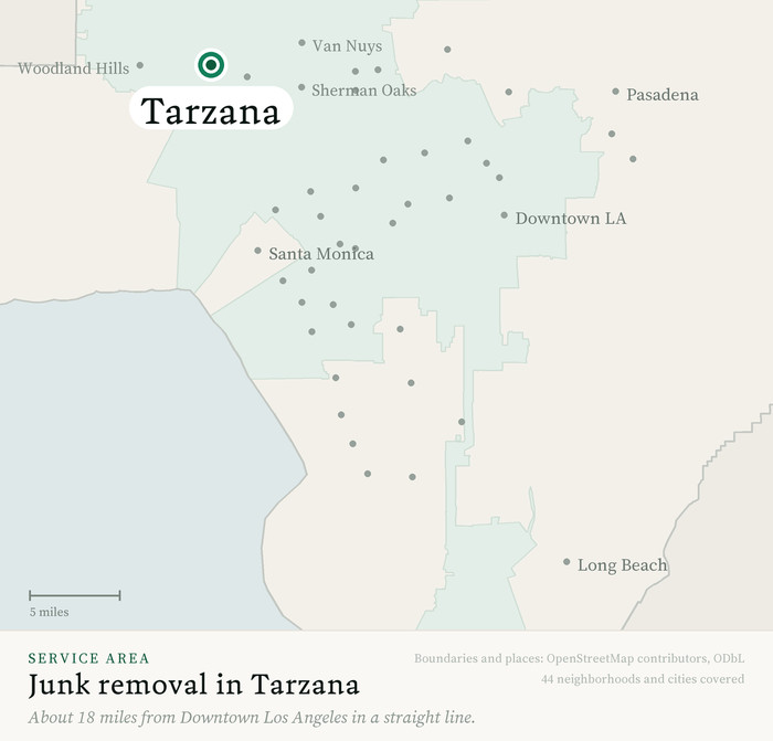 Map of our greater Los Angeles junk removal service area with Tarzana marked, about 18 miles from Downtown Los Angeles, drawn from OpenStreetMap boundary data