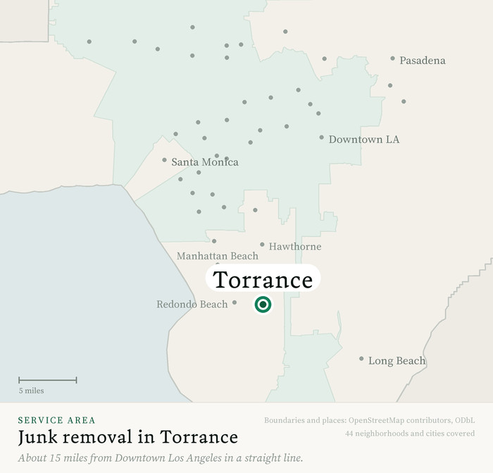 Map of our greater Los Angeles junk removal service area with Torrance marked, about 15 miles from Downtown Los Angeles, drawn from OpenStreetMap boundary data