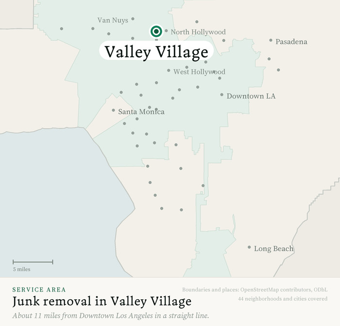 Map of our greater Los Angeles junk removal service area with Valley Village marked, about 11 miles from Downtown Los Angeles, drawn from OpenStreetMap boundary data