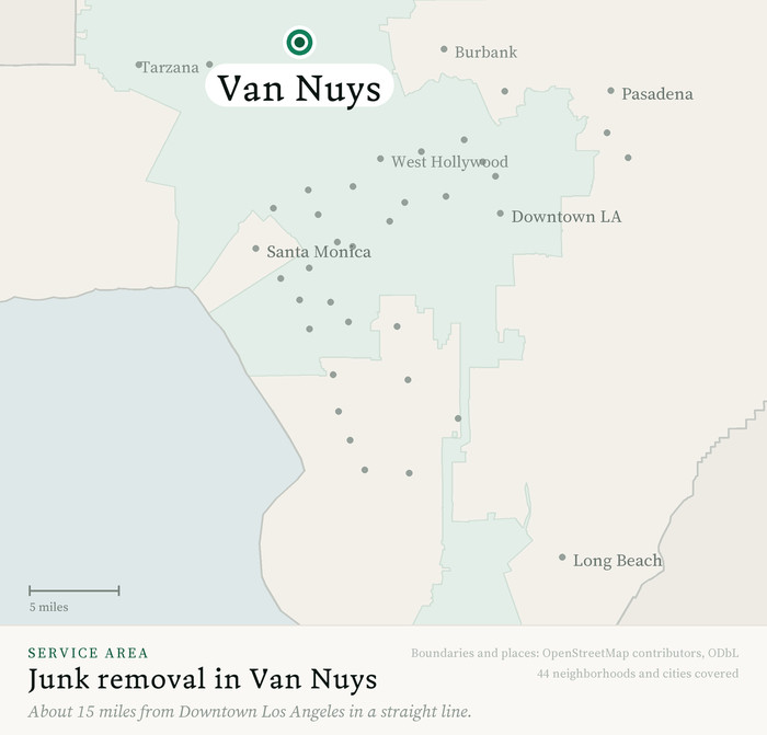 Map of our greater Los Angeles junk removal service area with Van Nuys marked, about 15 miles from Downtown Los Angeles, drawn from OpenStreetMap boundary data