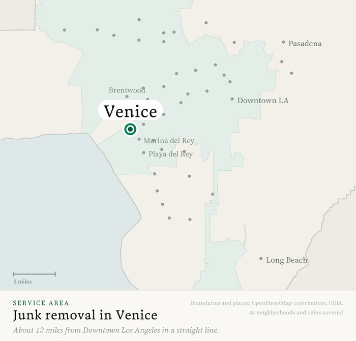 Map of our greater Los Angeles junk removal service area with Venice marked, about 13 miles from Downtown Los Angeles, drawn from OpenStreetMap boundary data