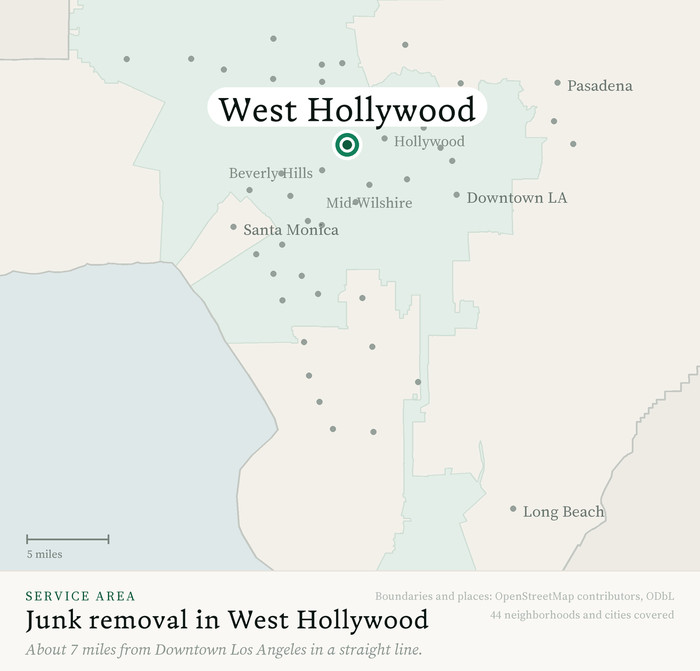 Map of our greater Los Angeles junk removal service area with West Hollywood marked, about 7 miles from Downtown Los Angeles, drawn from OpenStreetMap boundary data