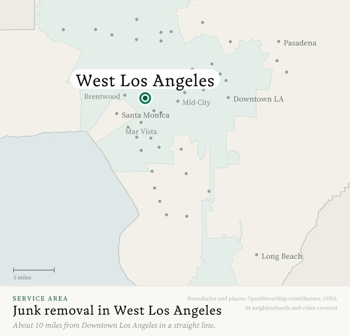 Map of our greater Los Angeles junk removal service area with West Los Angeles marked, about 10 miles from Downtown Los Angeles, drawn from OpenStreetMap boundary data