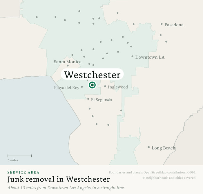 Map of our greater Los Angeles junk removal service area with Westchester marked, about 10 miles from Downtown Los Angeles, drawn from OpenStreetMap boundary data