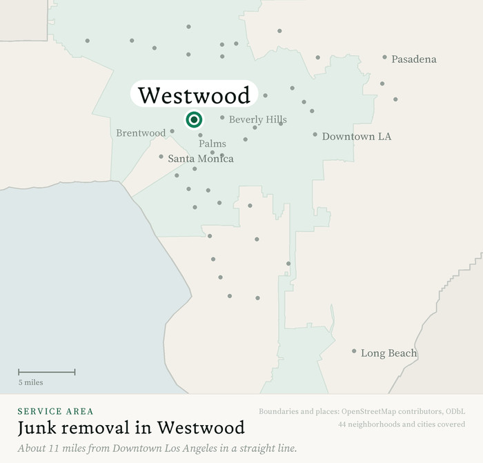 Map of our greater Los Angeles junk removal service area with Westwood marked, about 11 miles from Downtown Los Angeles, drawn from OpenStreetMap boundary data