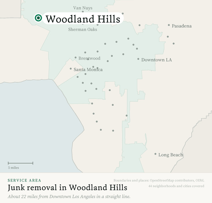 Map of our greater Los Angeles junk removal service area with Woodland Hills marked, about 22 miles from Downtown Los Angeles, drawn from OpenStreetMap boundary data